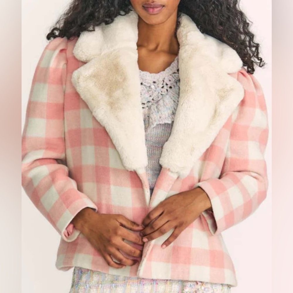 Love Shack Fancy Dumont Plaid Wool Blend Coat White & Pink Size large